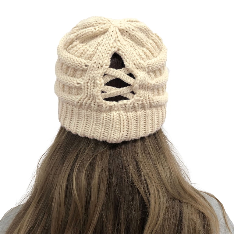 HAWEE Womens Ponytail Beanie Hat with Button for Mask, Criss 