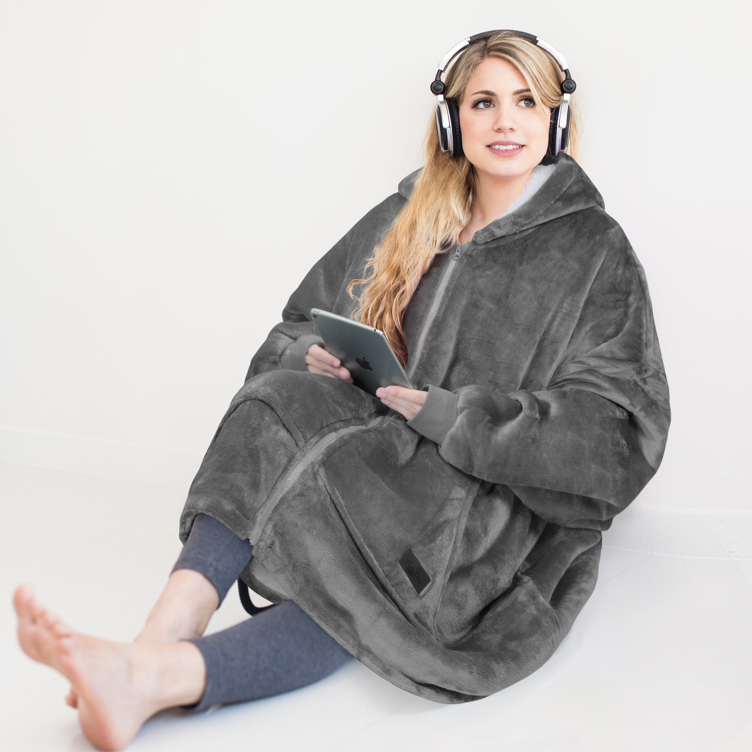 Solaris Deluxe Reversible Fleece Oversized Blanket Sweatshirt with Hood Super Soft Warm Large Plush Sleeved Throws for Adult Wom