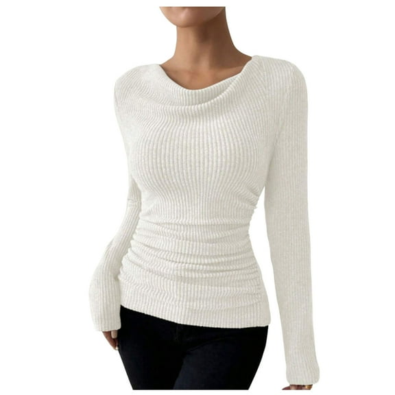 HAiming Sweater for Women Slim Fitted Cowl Neck Ribbed Long Sleeve Solid Color Fall Clothes Pullover Blouse