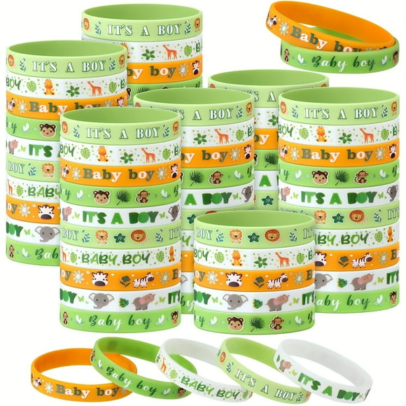 MesaSe 90 Pcs Bracelets en Caoutchouc à Thème d'Halloween « It‘s a Boy » - Décorations Vibrantes de Safari pour Baby Shower, Bracelets en Silicone en 5 Styles pour Cadeaux de Fête pour Garçon, Fournitures pour Révélation de Sexe et Bébé