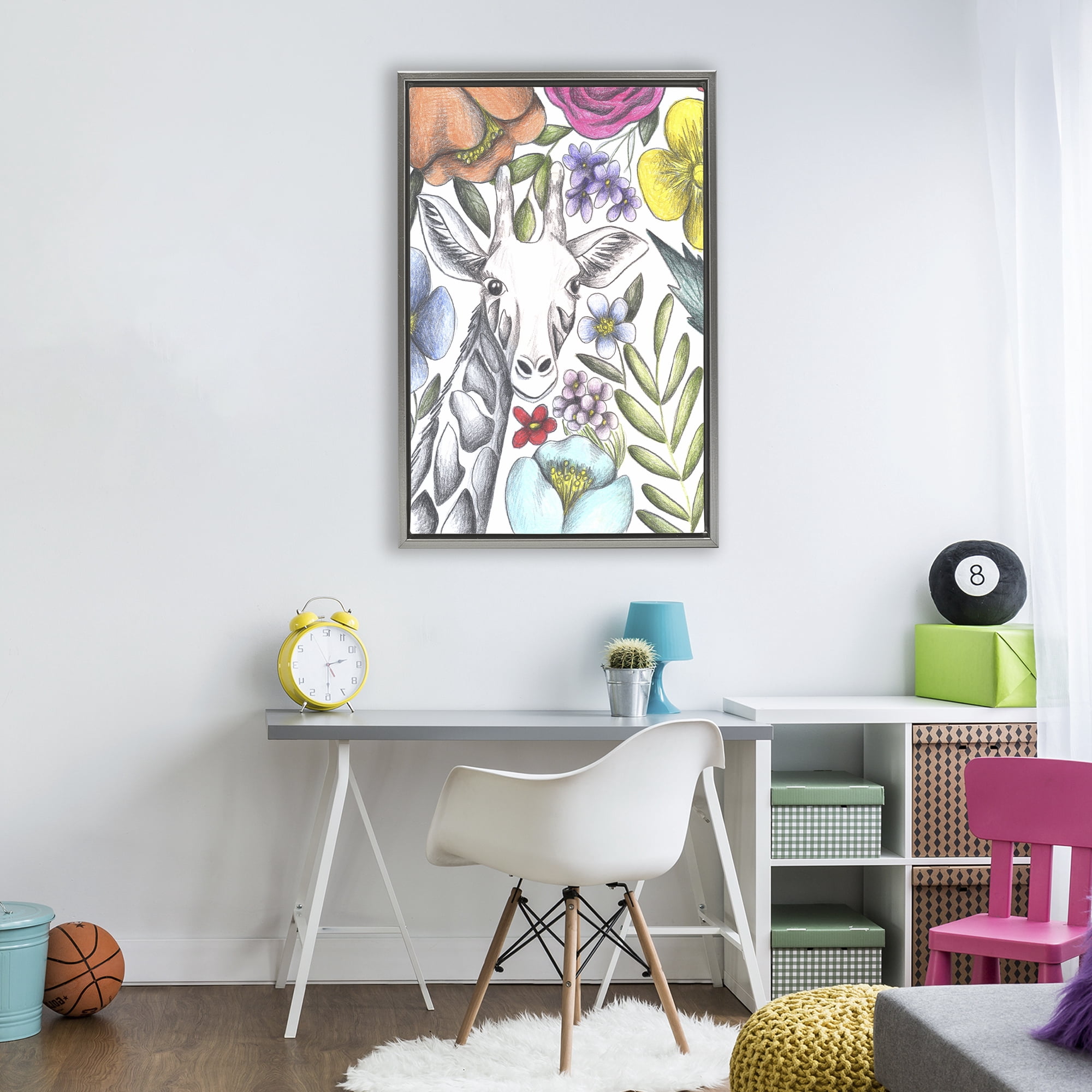 Giraffe In The Midst of Flowers Gray Framed Floater Canvas Wall Art, design by Cecilia Battaini