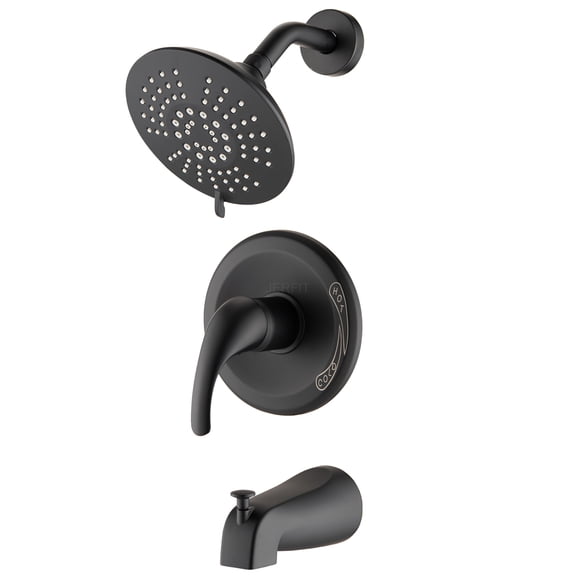 JERFIT Matte Black 5-Function Shower System with Rough-In Valve, Single Handle Wall Mount Tub Spout and Rainfall Shower Head Set