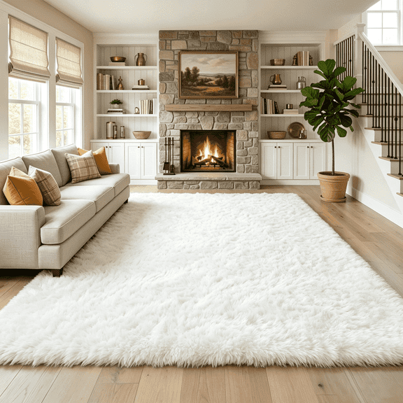LUOVEN Soft Fluffy Shag Area Rug, 9*12 Indoor Plush Carpet for Living Room Bedroom Home Decor, White