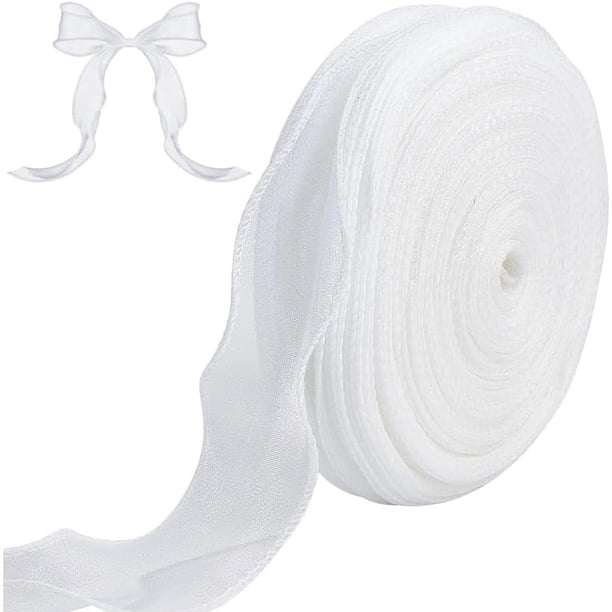 Cinta de gasa con alambre blanca de 50 yardas y 1-3/5 pulgadas, tul transparente, rollo sólido, cinta de organza tejida con alambre