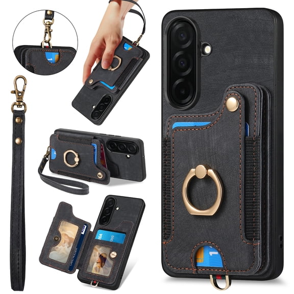 ELEHOLD For Samsung Galaxy A17 5G Wallet Phone Case, Card Slot Ring Holder Flip Kickstand Shockproof Wallet Cover Wrist Strap,Black