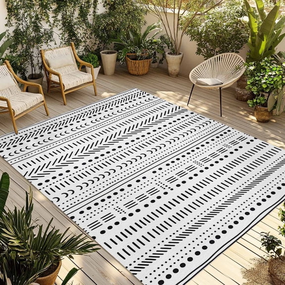 Fsddascl White Boho Outdoor Rug for Patio/Deck/Porch, Non-Slip Large Area Rug 6 x 9 Ft, Country Abstract Black Geometric Striped Indoor Outdoor Rugs Washable Area Rugs, Camping Rug Carpet Runner