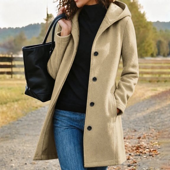 Caywon Women's Hooded Button Front Coat, Long Sleeve Casual Outerwear Jacket with Pockets, Relaxed Fit Everyday Fall Layering Coat