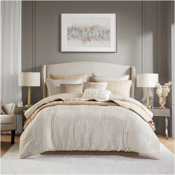 JERFIT Queen Comforter Set 10-Piece with Quilt, Jacquard Bedding Ensemble in Ivory for All-Season Luxury