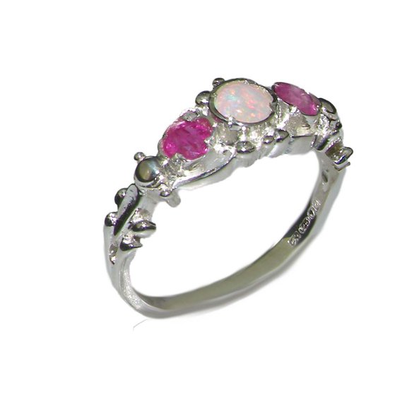 LBG British Made 925 Sterling Silver Natural Opal & Ruby Womens Trilogy Ring - 33 size options - Sizes 4 to 12 Available