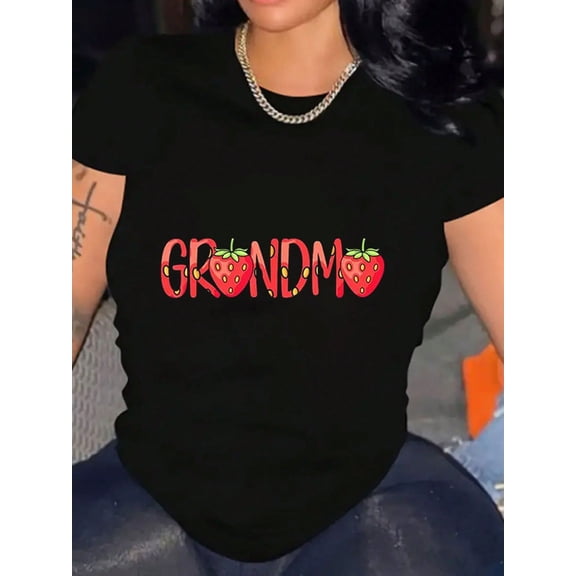 Grandma Strawberry Graphic T-Shirt Stylish Crew Neck Casual Short Sleeve Top
