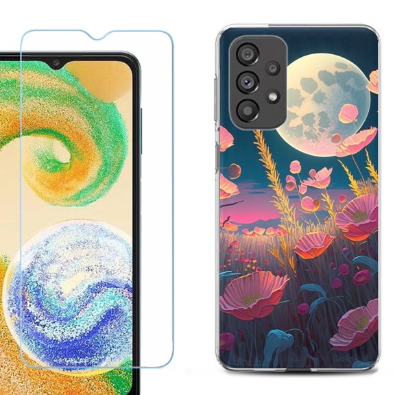 Shockproof Fashion Phone Case for Samsung Galaxy A23 5G, with Tempered Glass Screen Protector, by OneToughShield ® - Moon Poppies