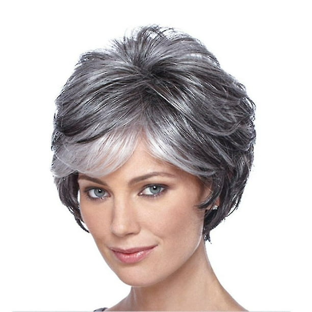 Pelucas Bob grises, peluca gris sal y pimienta para mujer, peluca de cabello humano corto con corte Pixie de parte lateral con peluca de pelo liso Remy sin pegamento, corte romo, negro mezcl