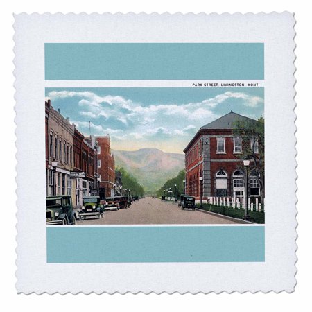 3dRose Park Street Livingston Montana Street Scene with Antique Cars - Quilt Square, 14 by 14-inch