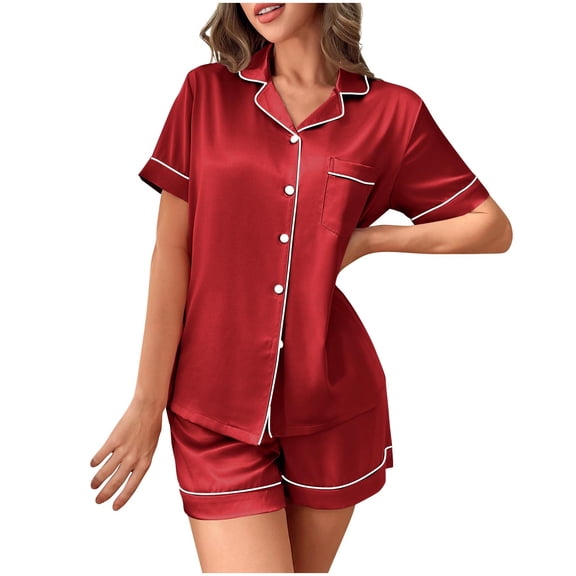 Bixock Women's 2 Piece Homewear Set,Summer Casual Loungewear Outfits,Solid Color Minimal Lapel Collar Cardigan Pajama Set