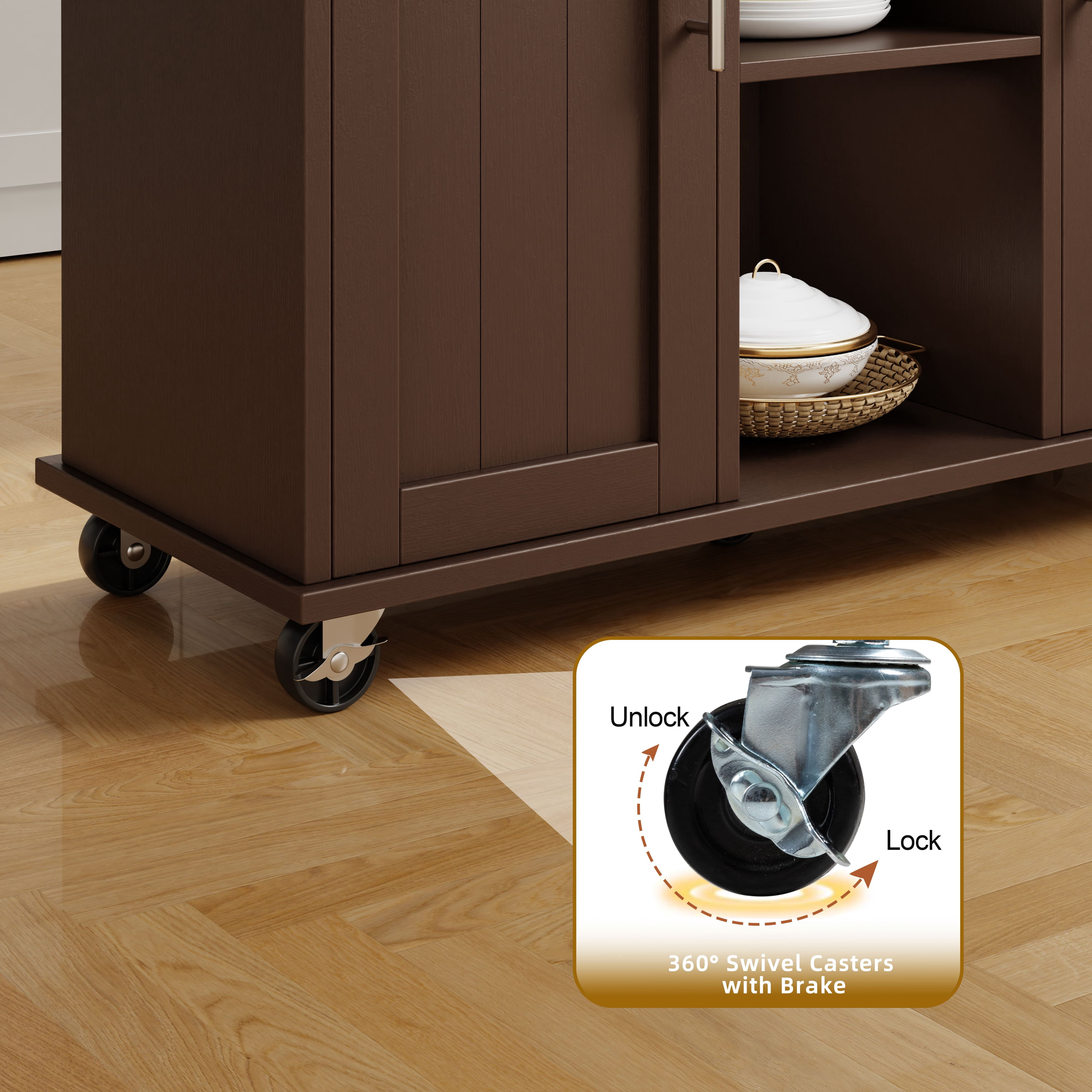 Walsunny Kitchen Islands Carts with Drop Leaf Table 1 Drawer 5 Wheels 2 Magnetic Doors Rolling Storage Cabinet Brown