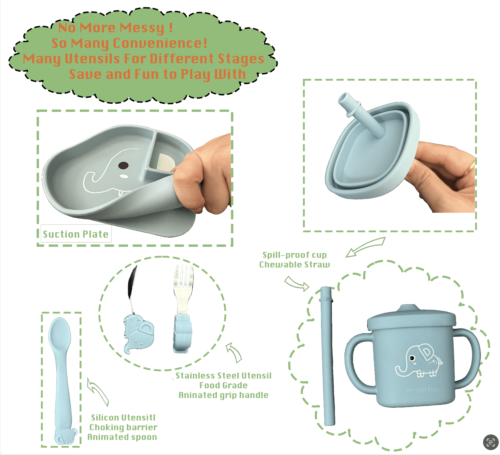 SnD Plus Silicone Baby Feeding Set – 8 PCS Toddler Self-Feeding Set with Suction Plate, Placemat, Adjustable Bib, Sippy Cup, Straw, Two Spoon, Fork – Vanilla Elephant