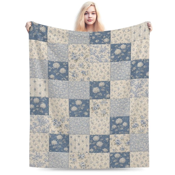 Blue Floral Patchwork Blanket Gift Vintage Quilt Pattern Throw Blanket Cozy Soft Home Decor for Women 50x40