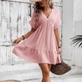thumbnail image 6 of Odbmxy Womens Sun Dress Short Sleeve Peplum Summer Women's Mini Dress A-Line Holiday Fancy Solid Color V-Neck Dresses, 6 of 8