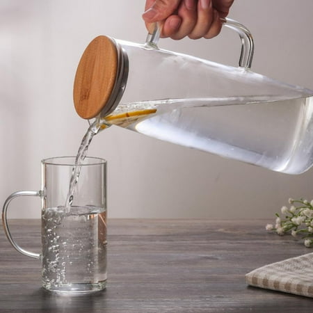 

Glass Water Pitcher Jar Transparent Heat Resistant Pot with Lid and Handle for Tea Juice Milk Cold or Hot Beverages