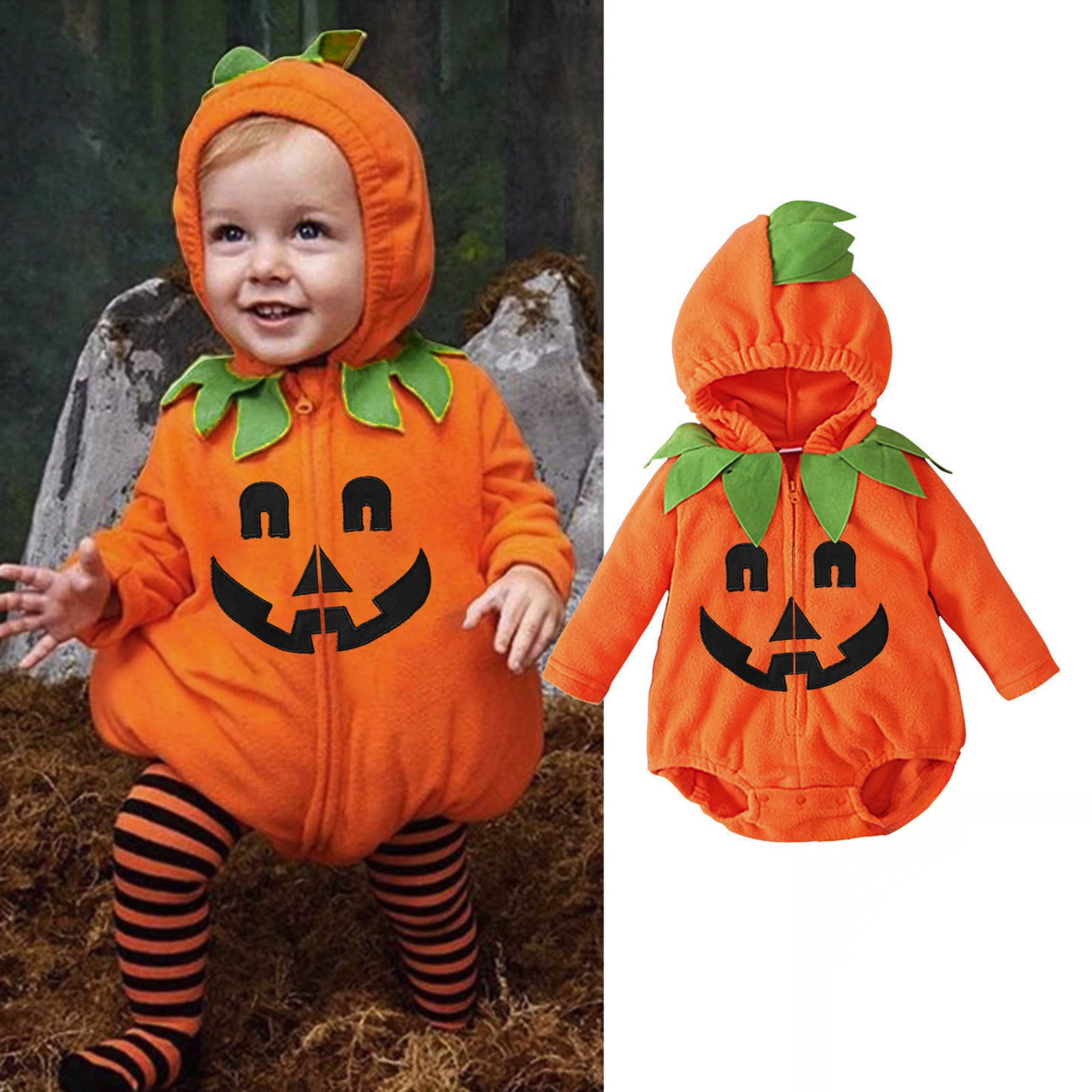 Rggeeun Baby Girl Halloween Cute Graphic Zip Up Long Sleeve Bodysuit Pumpkin Hooded Soft Baby Girl Clothes Daily Wear Leisure,Orange,0-6 Months