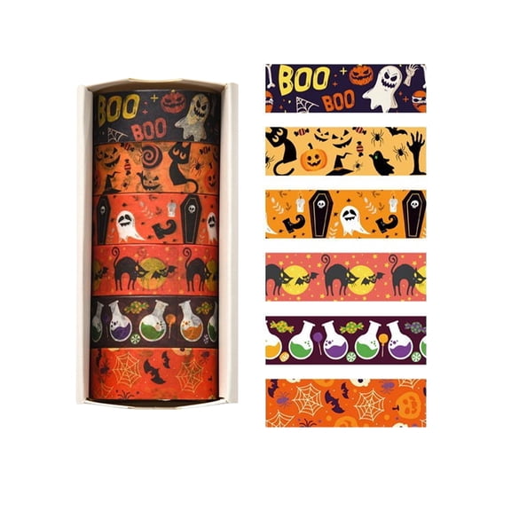 6 Rolls Halloween Washi Tape, Pumpkin Ghost Bat Decorative Masking Tape Set, Holiday Scrapbook Supplies for DIY Crafts Journals Cards Gifts Party Decorations