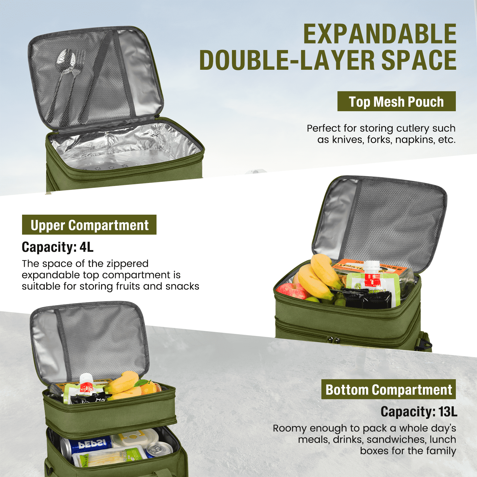Lunch Bag for Men, 24L Expandable Insulated Lunch Box with Side Pockets, Double Deck Leakproof Cooler Tote Bag with Adjustable Shoulder Strap, 24 Can, Suit for Office/Picnic/Camping/Beach, Green