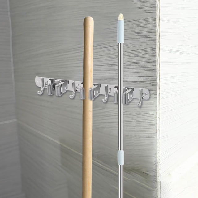 Feltree Besom Rack Mop and Besom Rack Wall Mounted Stainless Steel Besom Organizer Wall Mounted Heavy-duty Besom Rack Kitchen Laundry Room Garden Storage Rack