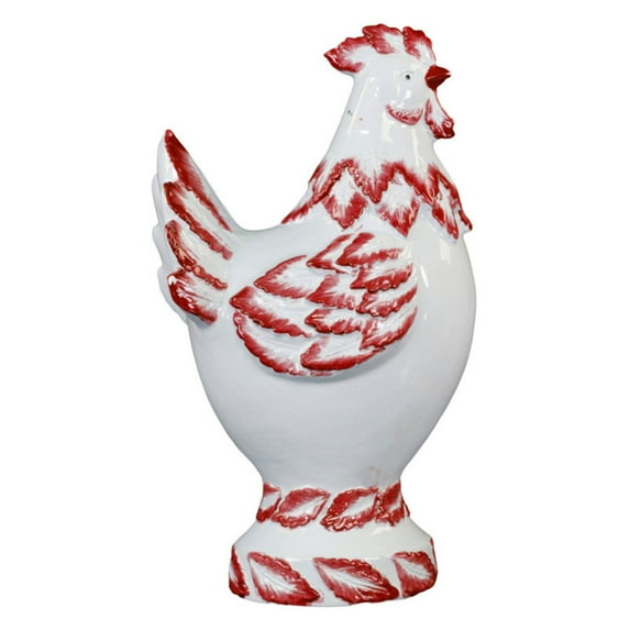 Ceramic Hen Figurine with Red Accents on Base Gloss Finish White