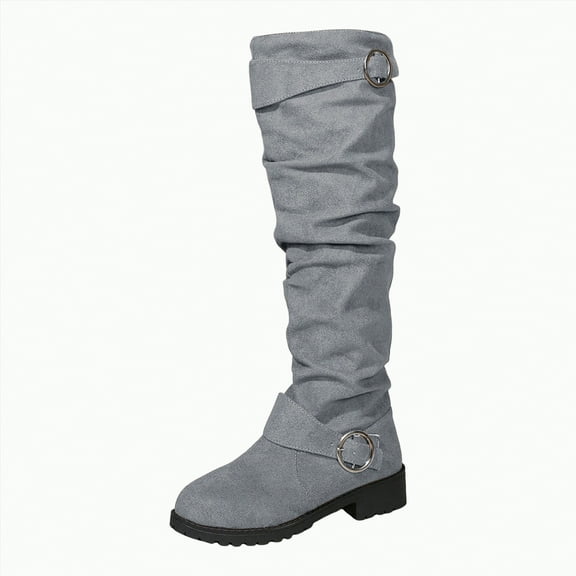 enyan Black Knee High Boots Winter Boots for Women Mid-Calf Fashion Casual Knee-High Flat Heel Boots Light Gray,Size 7