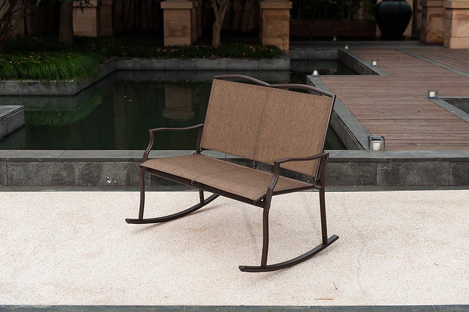 Sunlife Outdoor Sling Rocking Chair Built For 2 Loveseat Bench Patio Garden Balcony Frame Color Bronze Brown Taupe Fabric Color Khaki Sand Walmart Com Walmart Com