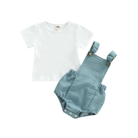 

Musuos Baby Strappy Romper Suit Ribbed Round Neck Short Sleeve T-Shirt Tops + Adjustable Straps Romper Two Piece Set