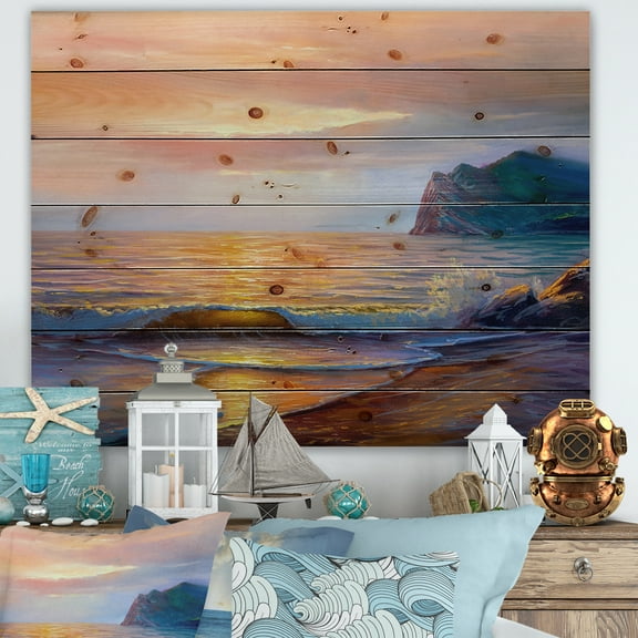 Designart 'Sunshine Reflecting Throug Braking Sea Waves XIII' Coastal Print on Natural Pine Wood