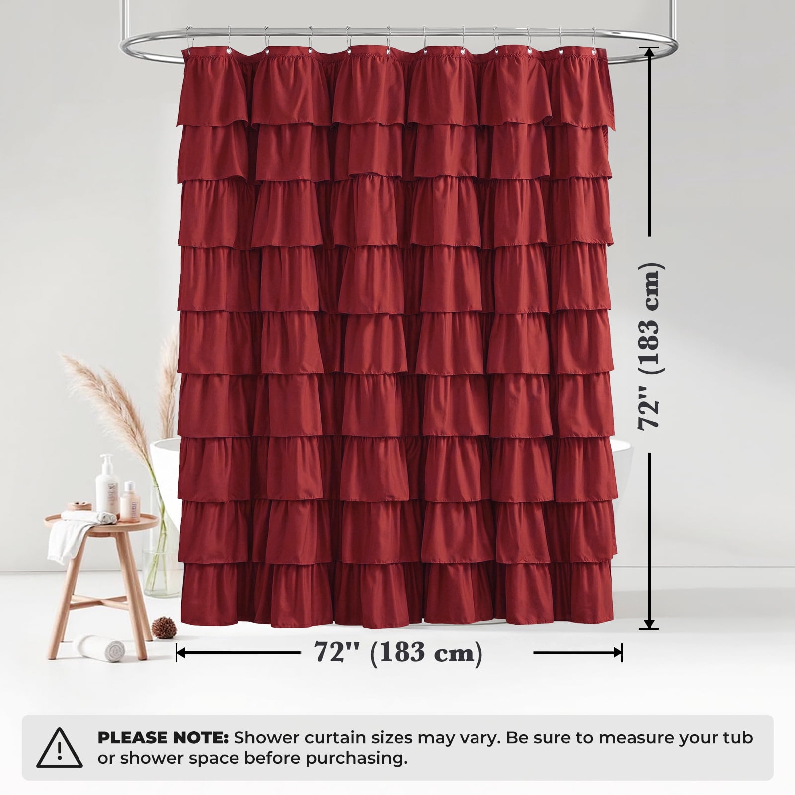 Seasonwood Ruffle Shower Curtain,Burgundy Fabric Bathroom Curtain for Farmhouse Style,72" x 72"