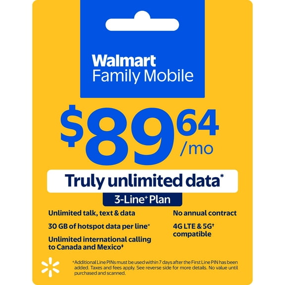 Walmart Family Mobile $89.64 Unlimited 3-line Plan w 30GB of Mobile Hotspot per line e-PIN Top Up (Email Delivery)