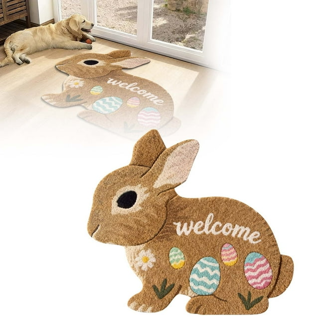 Easter Themed Welcome Mat for Home Entryway Crafted with Velvet Rabbit Design Durable Absorbent Doormat for Living Room and Hallway