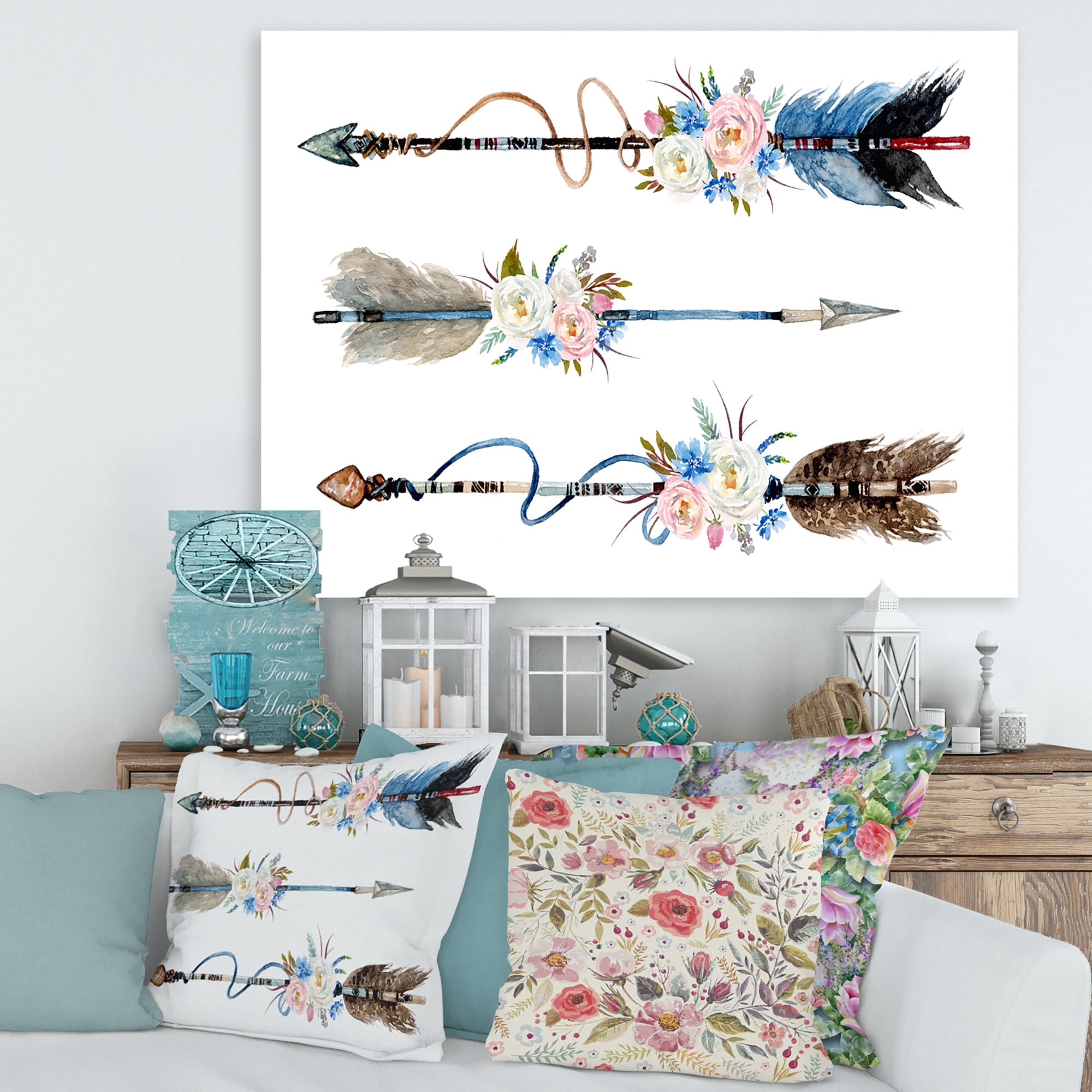 Designart ' Flowers and Ethnic Feathers On Native Arrows I ' Bohemian & Eclectic Canvas Wall Art Print
