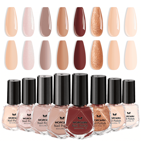 Morovan Neutral Nail Polish Set,8 Elegant Shades of Nude, Blush Pink, Rose Brown & Champagne Glitter for Daily Wear