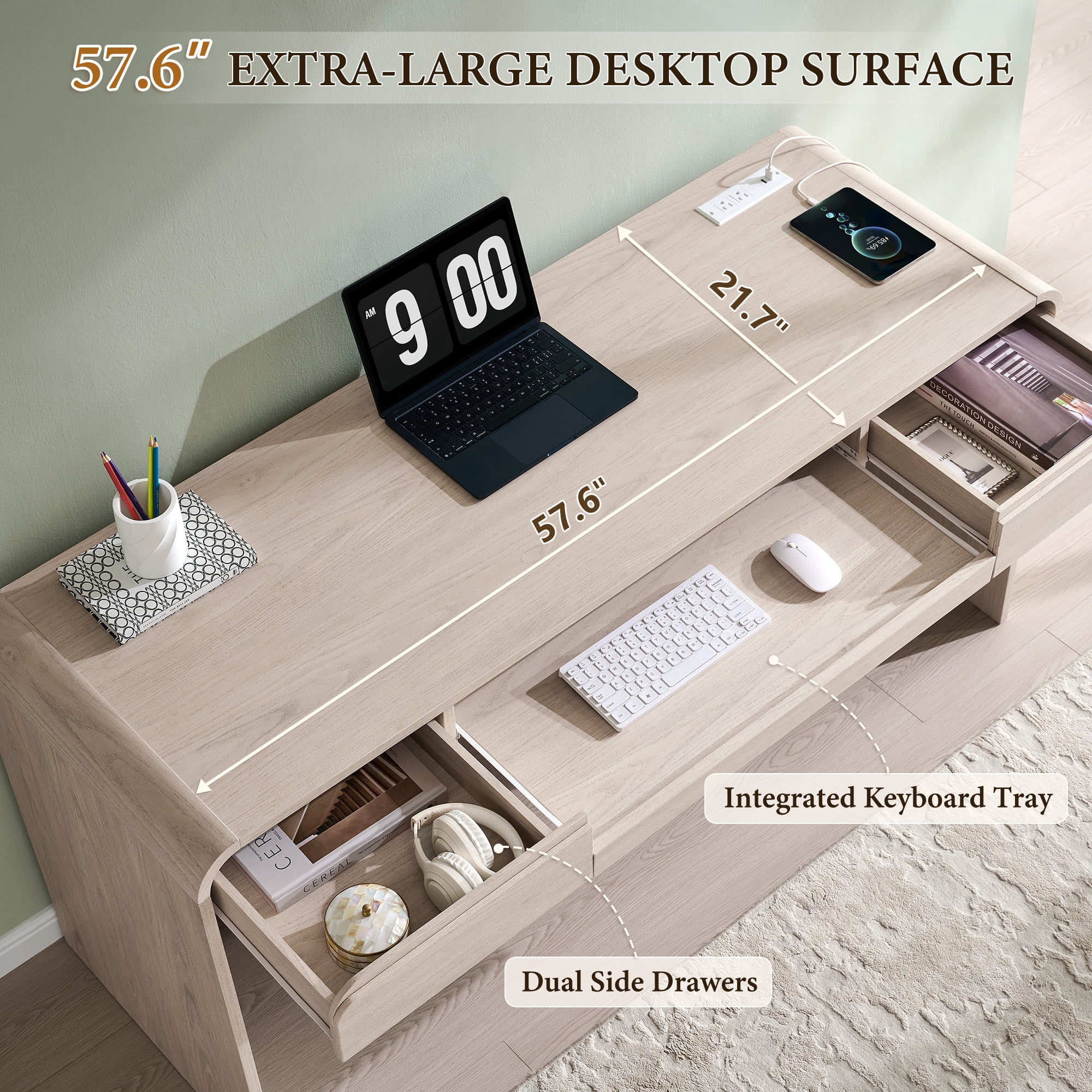 wow97e Modern Computer Desk with Storage Drawers, 57'' Large Executive Office Desk with Charging Station & Keyboard Tray for Home Office