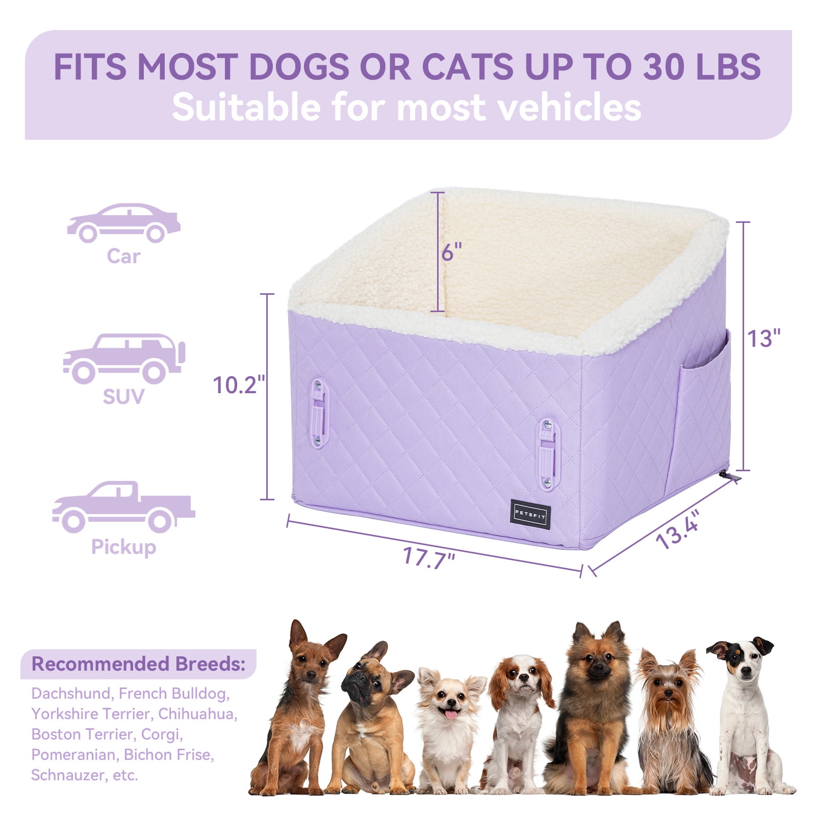 PETSFIT Dog Booster Car Seat, Soft Foam,Patented Safety Buckles, Storage Pockets and Detachable Clip-On Safety Leash, 30 LBS (Purple)