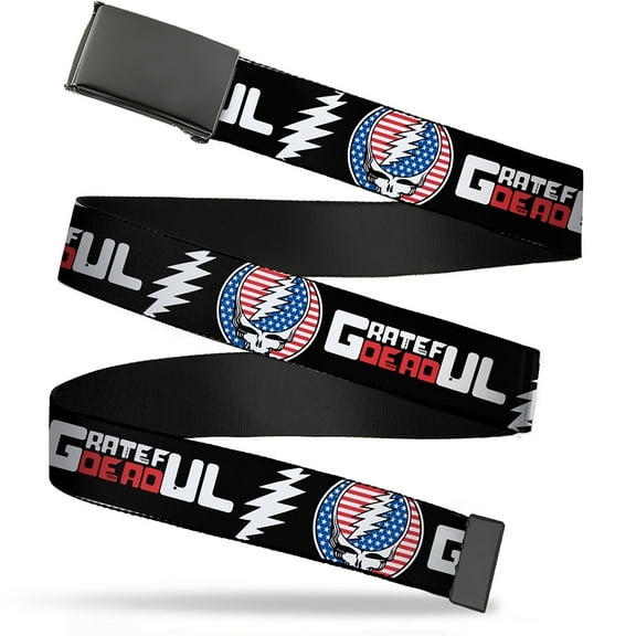 Adjustable Belt, Clamp Buckle, Cut-to-Fit, Grateful Dead Text Steal Your Face Americana Stars Stripes