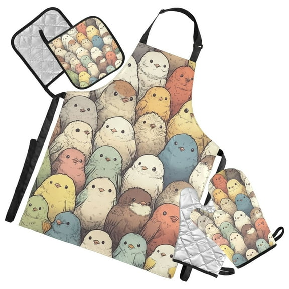Colorful Cartoon Birds Oven Mitts and Pot Holders with Chef Apron Set 5 Pcs Kitchen Cooking Set