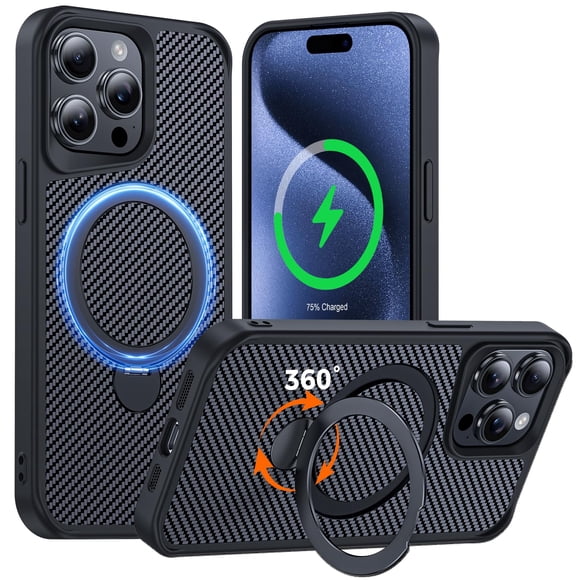 Funda FlyReal para iPhone 15 Pro Max de fibra de carbono con soporte 360° de 6,7"