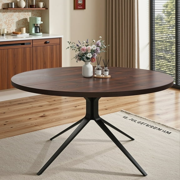 RichYa 47" Solid Wood Round Dining Table for 4-6 People, Modern Kitchen Table with Metal Legs for Kitchen, Dining Room, Brown