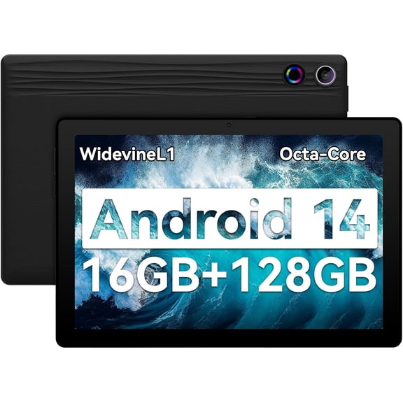 AEEZO Android 14 11inch Tablet , Octa-Core Processor,16GB RAM   128GB ROM,FHD IPS Display,Face Unlock 6800Amh,5 8 MP with Colorful Lights,Black