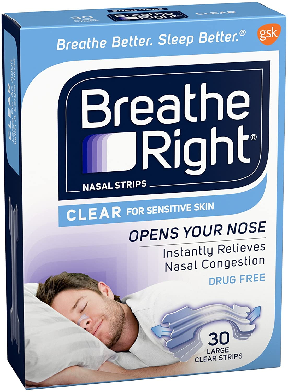 Breathe Right Nasal Strips Clear Large, 30 Drug-Free Strips for Sensitive Skin (pack of 5)