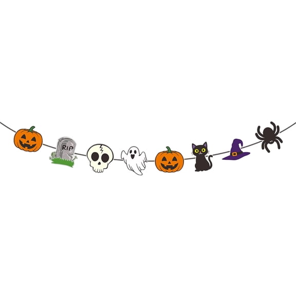 Gardjoe Cartoon Halloween Black Cat Ghost and Pumpkin Bunting Banner with Colorful Pennant Flags for Kids Friendly Party Classroom and Home Festive Decoration