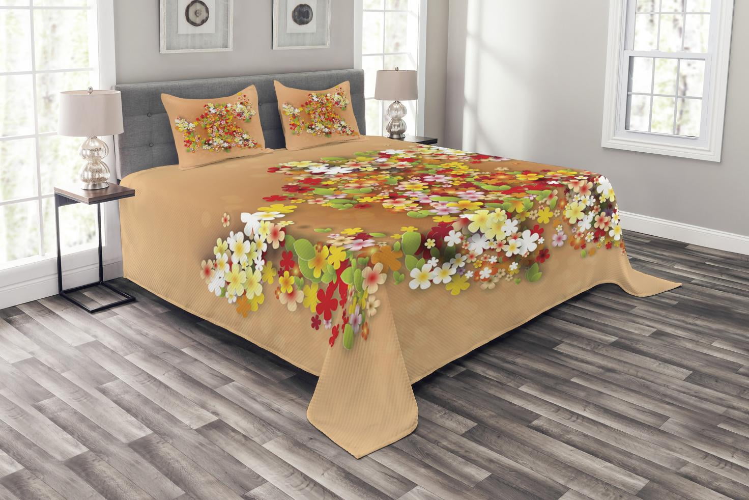 Floral Bedspread Set, Summer Season Sale Banner with Paper Flowers and Black Frame Illustration, Decorative Quilted Coverlet Set with Pillow Shams
