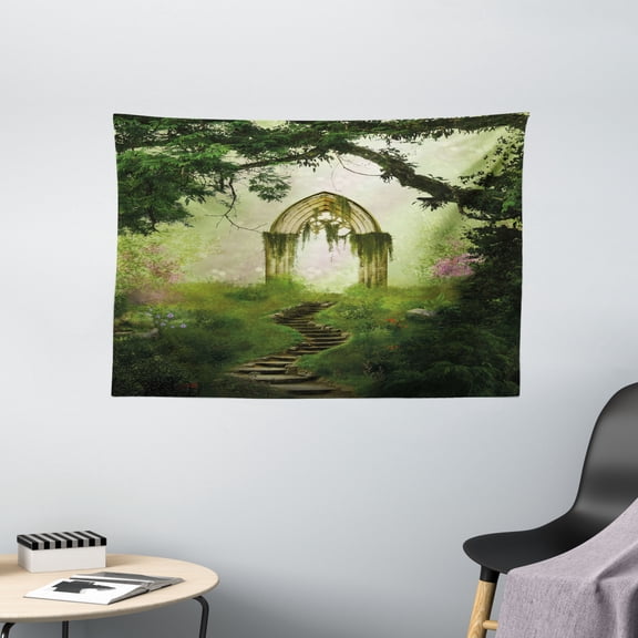 Antique Tapestry, Old Aged Fantasy Gate in Forest Ancient Medieval Gothic Greenery Digital Art, Wall Hanging for Bedroom Living Room Dorm Decor, 60W X 40L Inches, Green Light Green, by Ambesonne