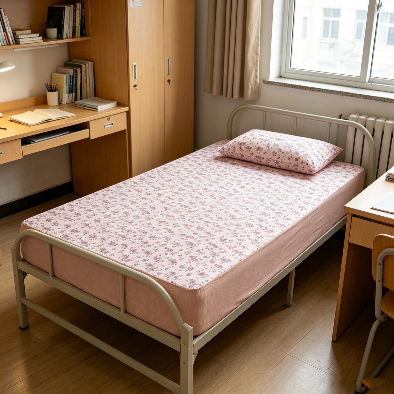 Japceit 35.43x78.44 Inch Fitted Sheet, Comfortable Cool Floral Pattern Mattress Protective Cover, Easy Clean Single Bed Sheet for Home Dormitory