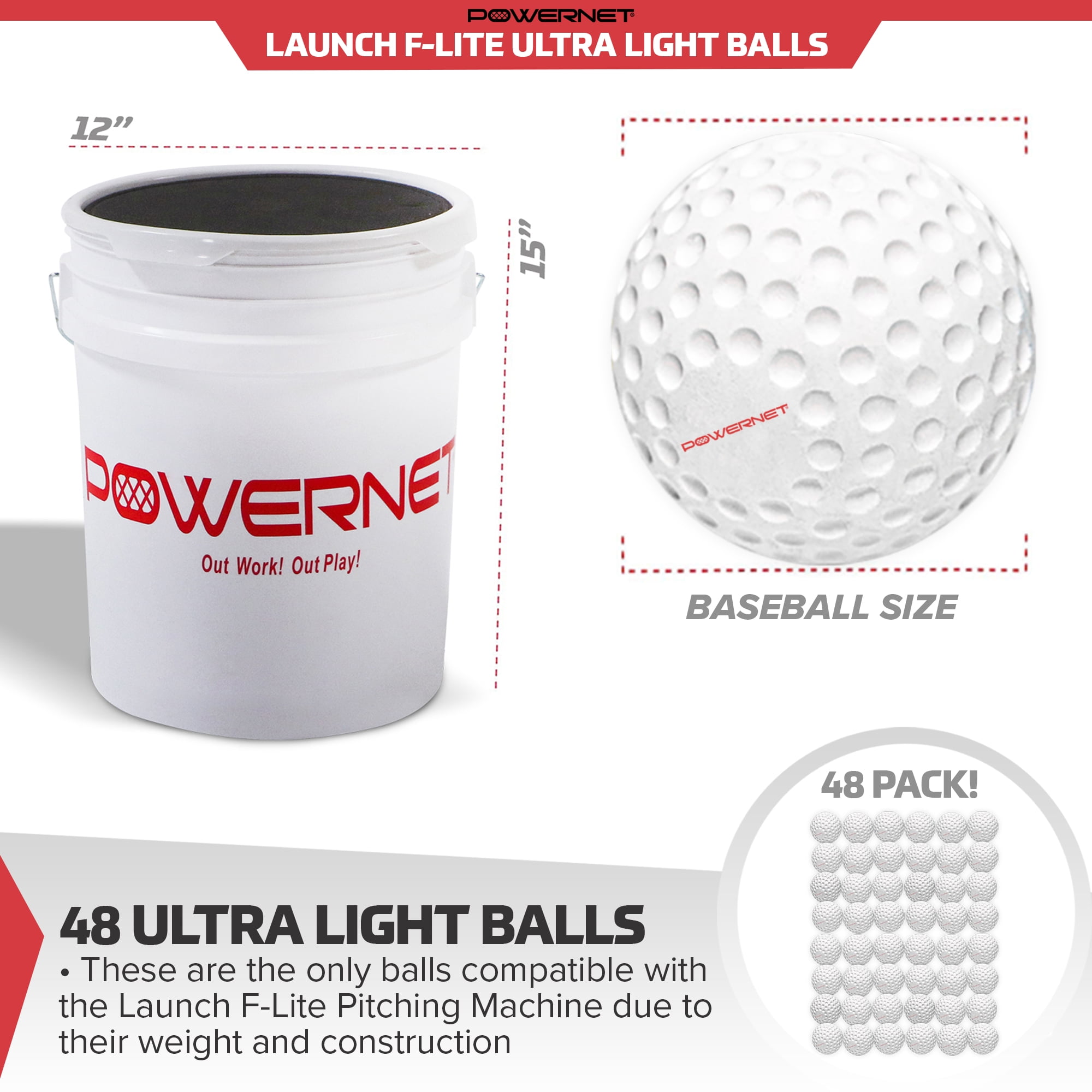 PowerNet Launch F-lite Ultra Light Dimpled Practice Balls, Bucket of Baseballs for Pitching Machine, Baseball Coach Bundle (48 Balls, Bucket & Lid)